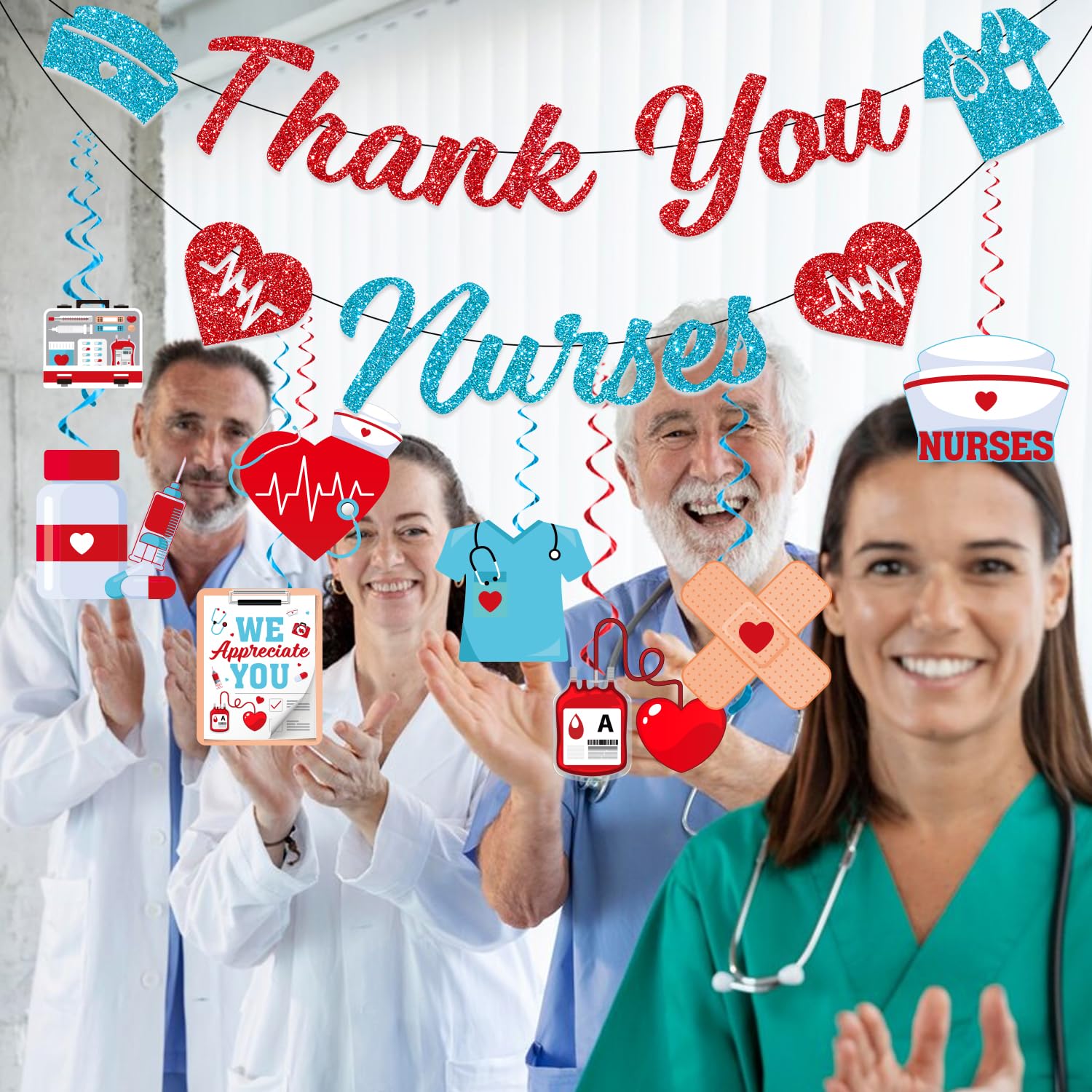 34Pc Nurse Appreciation Decorations, Nurse Party Decorations include Thank You Nurse Banner and 32Pc Happy Nurses Week Decorations Hanging Swirls, Medical Party Decorations for Appreciation Nurse