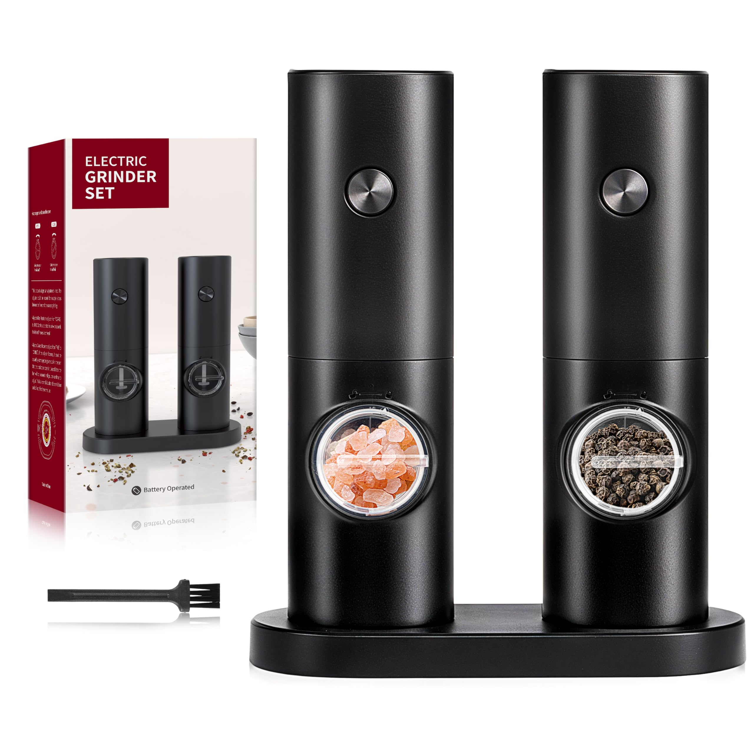 Electric Salt and Pepper Grinder Set (2 Pack), One Hand Adjustable Coarseness, Battery Powered with Stand, Seasoning Tools for Kitchen BBQ