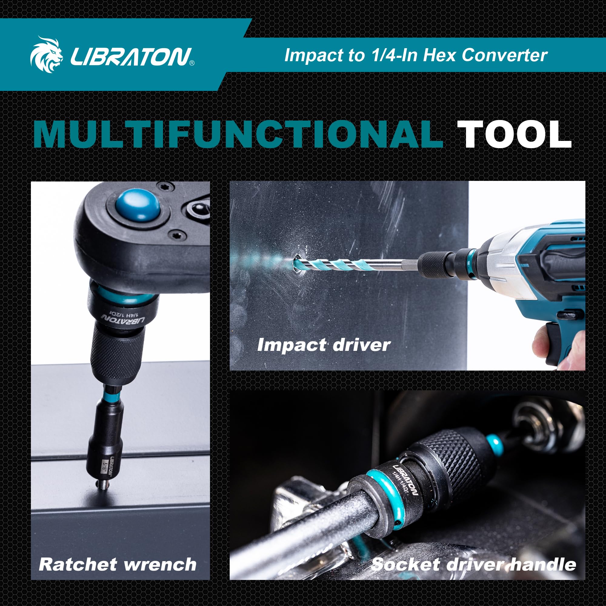 LIBRATON Impact to 1/4 Hex Converter, 1/2 3/8 1/4-INCH Drive Female to 1/4-Inch Hex Adapter, Impact Wrench Adapters for Ratchet Wrench Drivers, Impact Bit Holders, Quick-Change Chuck, Cr-Mo Steel