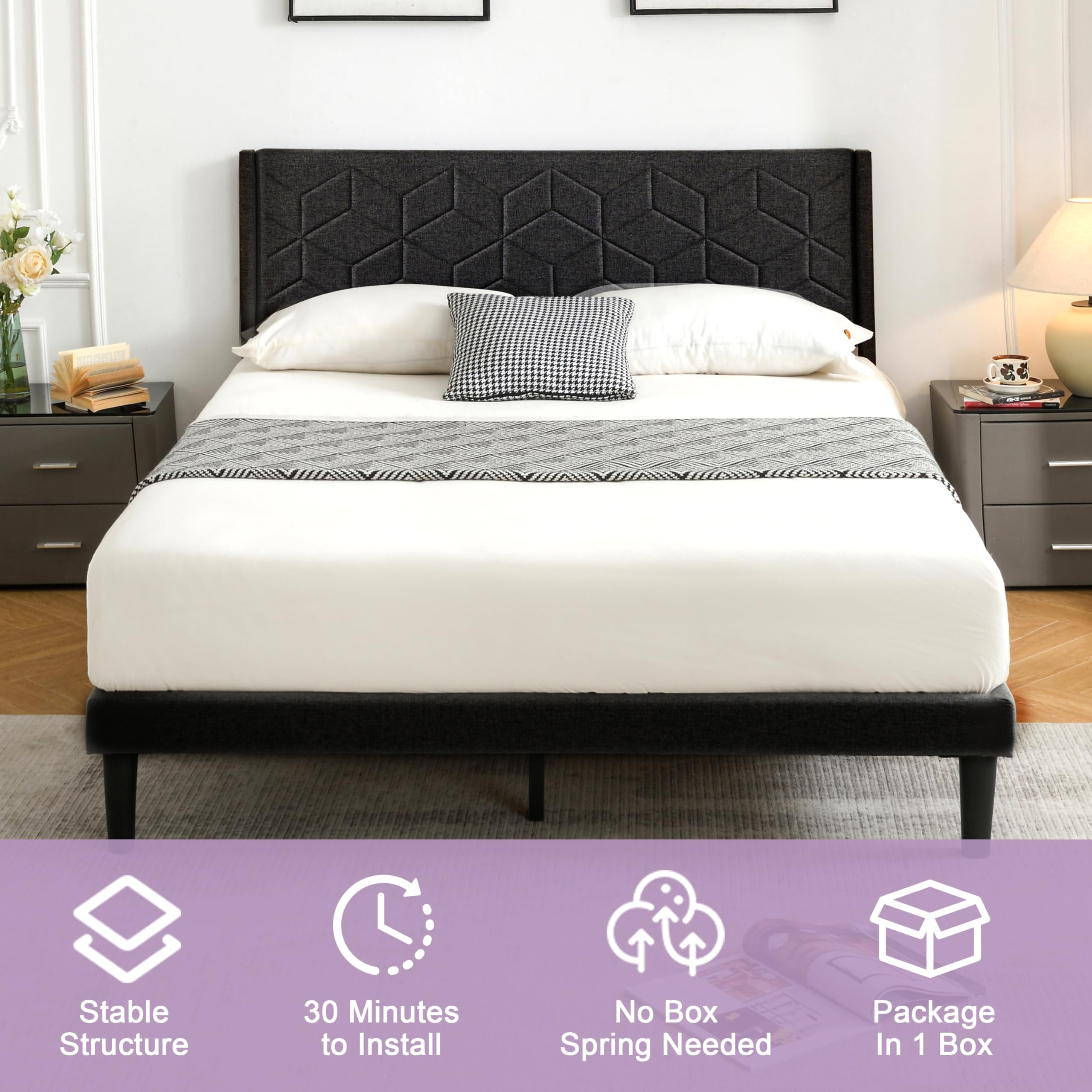 ZFAEUL Queen Size Platform Bed Frame with Fabric Upholstered Headboard and Strong Wooden Slats Support,Mattress Foundation,No Box Spring Needed,Easy Assembly, Black