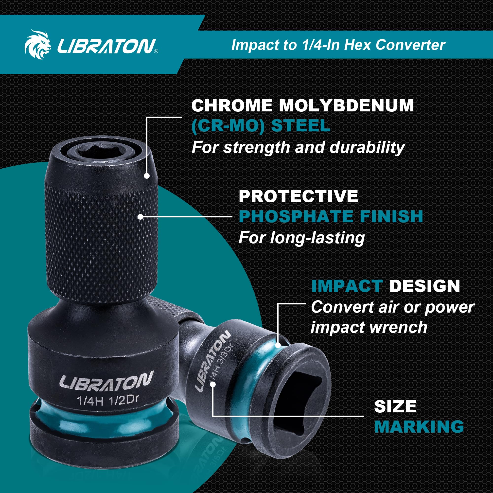 LIBRATON Impact to 1/4 Hex Converter, 1/2 3/8 1/4-INCH Drive Female to 1/4-Inch Hex Adapter, Impact Wrench Adapters for Ratchet Wrench Drivers, Impact Bit Holders, Quick-Change Chuck, Cr-Mo Steel