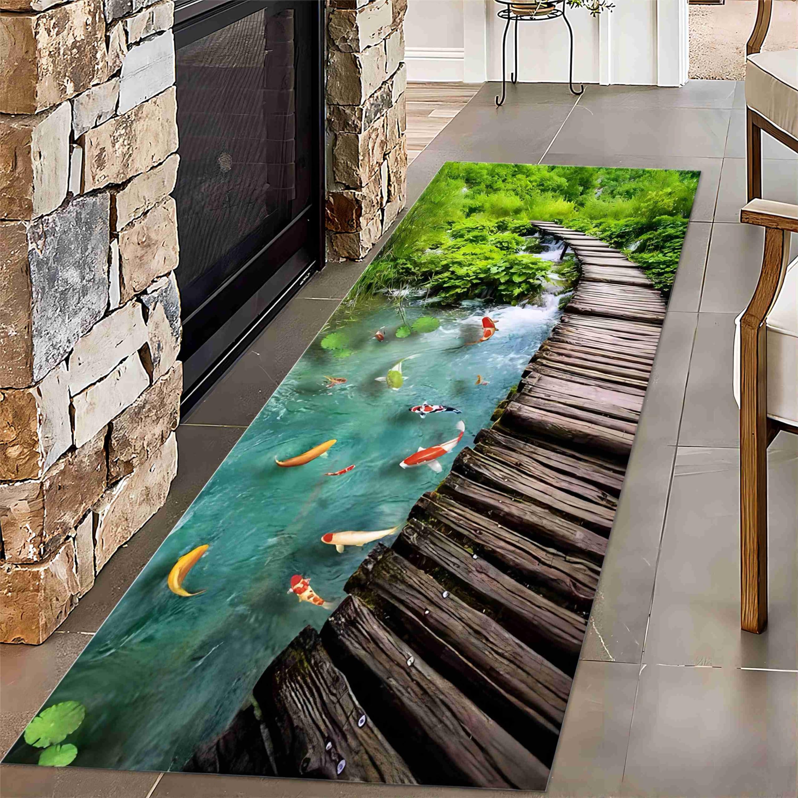 Houient 3D Optical Illusion Rug, 2.6x10ft, Modern Pastoral Style Fish Water Green Plant and Bridge Print Runner Carpet, Non-Slip Washable Low Thin Rug for Corridor Entryway Kitchen Bathroom Laundry