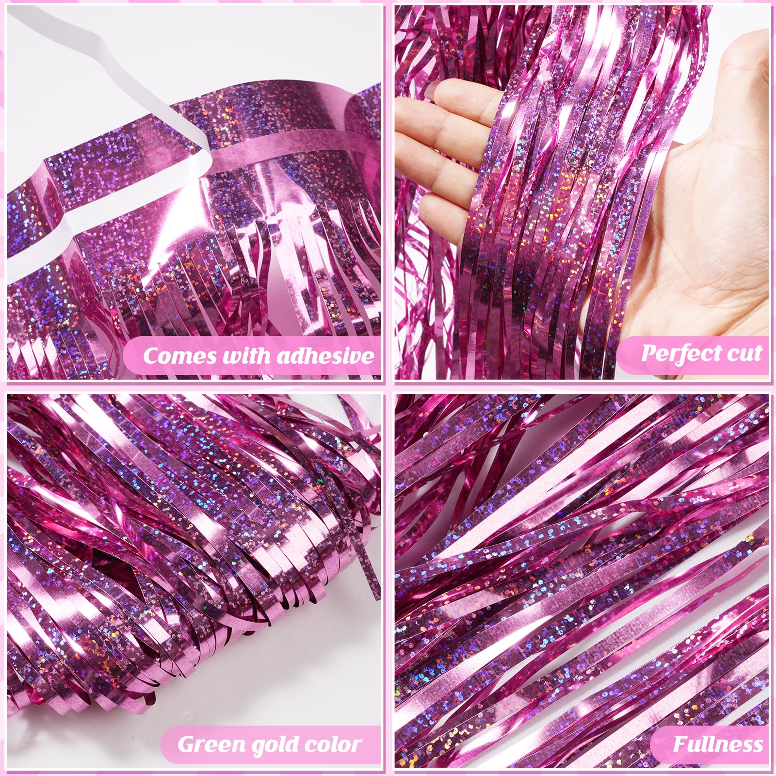 3 Pack×10Ft Pink Iridescent Foil Fringe Banner Party Decorations, Shiny Metallic Tinsel Streamers Hanging Garland Photo Booth Backdrop Wall for Wedding Birthday Bachelorette Party Supplies