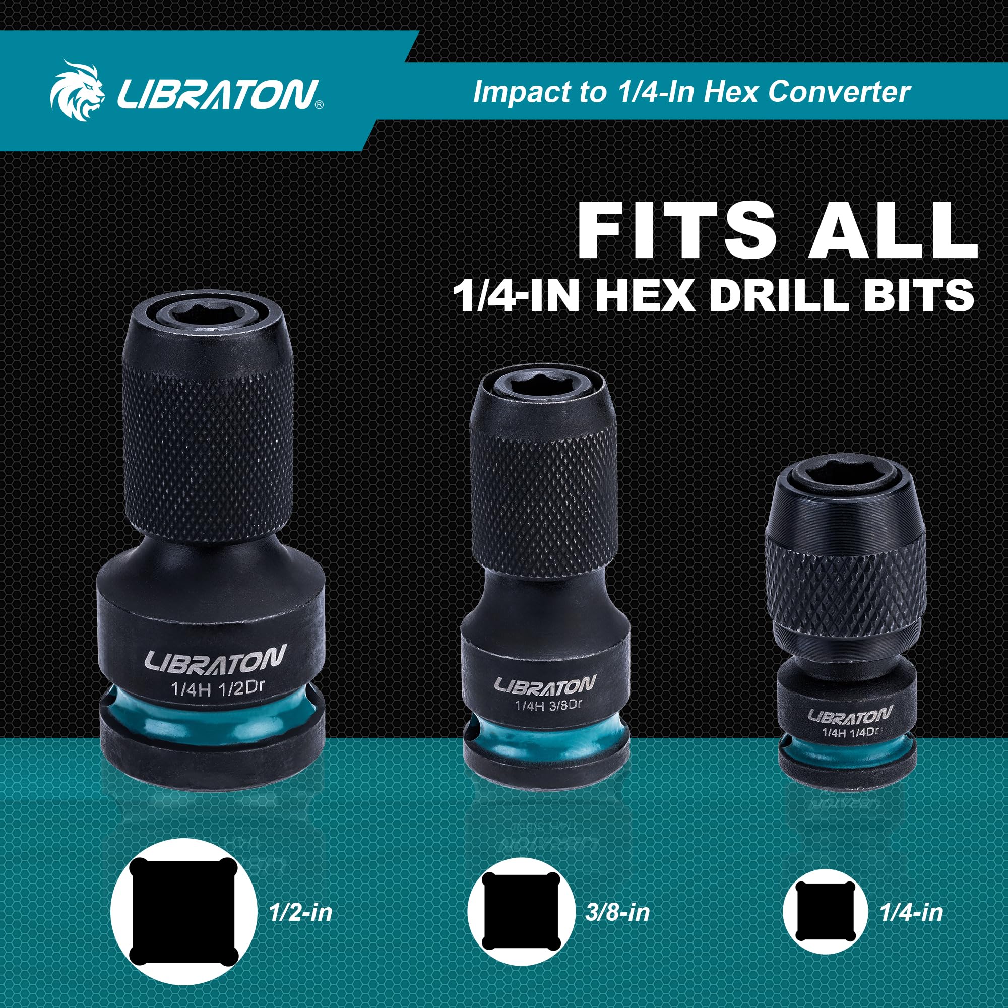 LIBRATON Impact to 1/4 Hex Converter, 1/2 3/8 1/4-INCH Drive Female to 1/4-Inch Hex Adapter, Impact Wrench Adapters for Ratchet Wrench Drivers, Impact Bit Holders, Quick-Change Chuck, Cr-Mo Steel