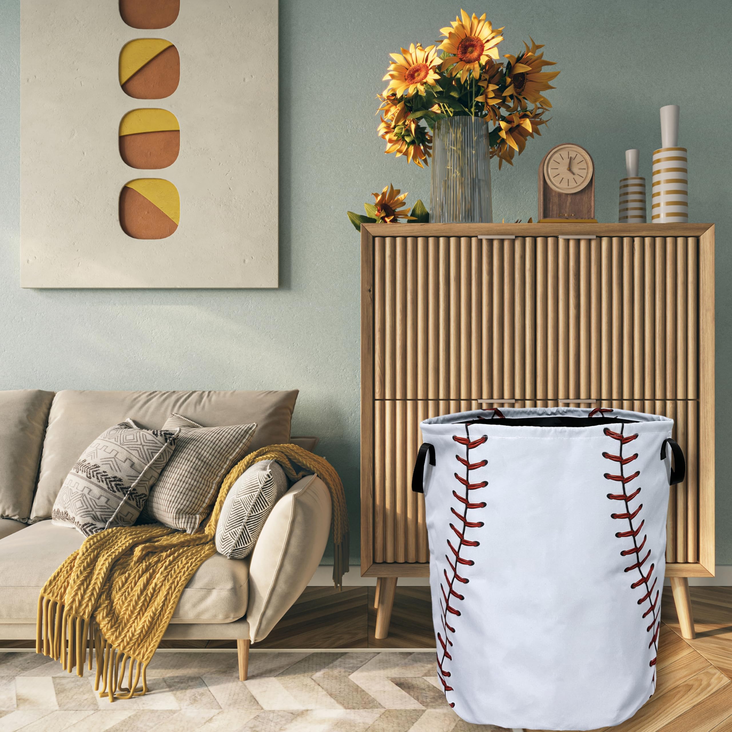 Baseball Texture Pattern Laundry Basket Foldable With Handles Tote Bag Oxford Cloth Funny Laundry Hamper Clothes Storage Bucket Toy Organizer 18.9" x 16.5" For Bathroom/Laundry/Bedroom