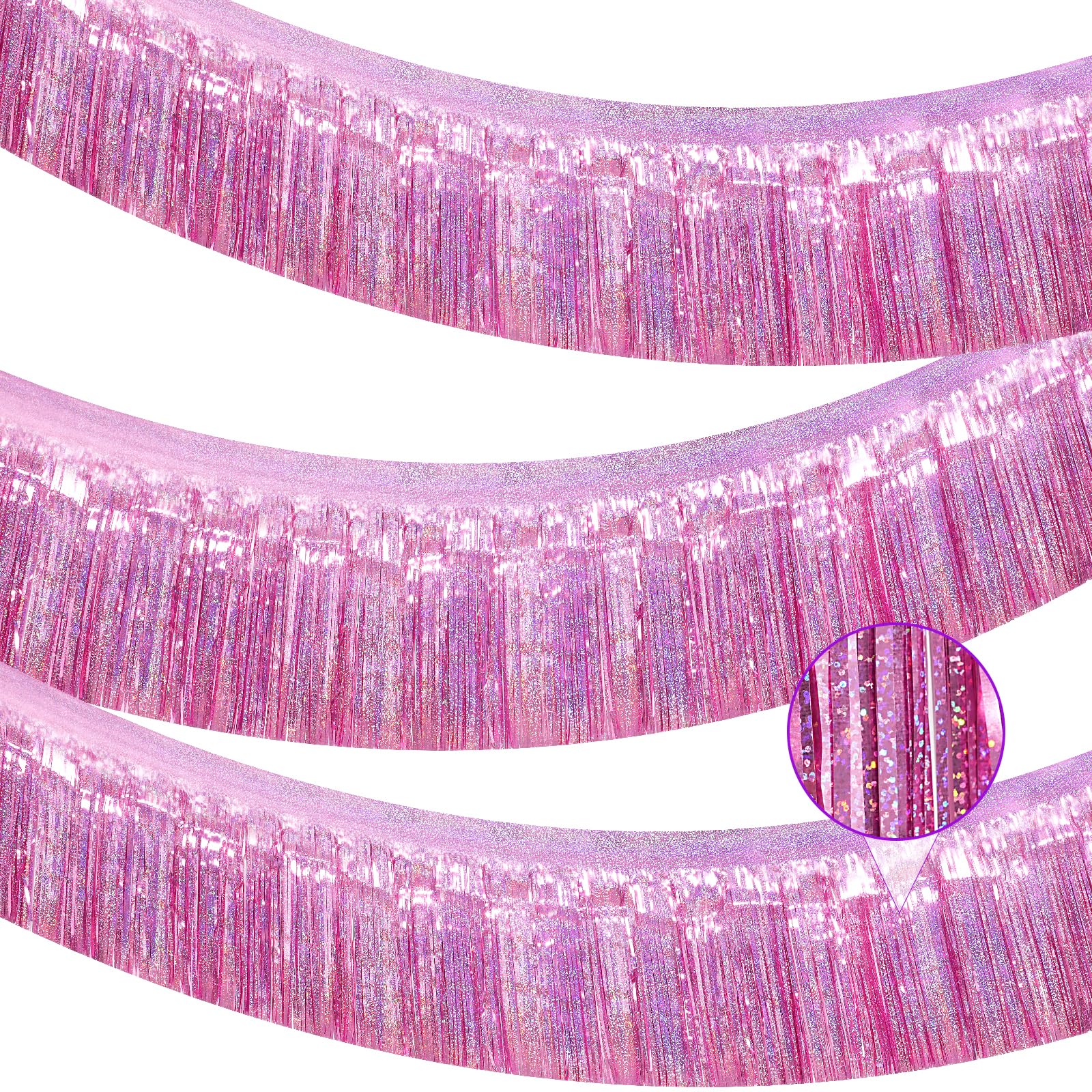 3 Pack×10Ft Pink Iridescent Foil Fringe Banner Party Decorations, Shiny Metallic Tinsel Streamers Hanging Garland Photo Booth Backdrop Wall for Wedding Birthday Bachelorette Party Supplies