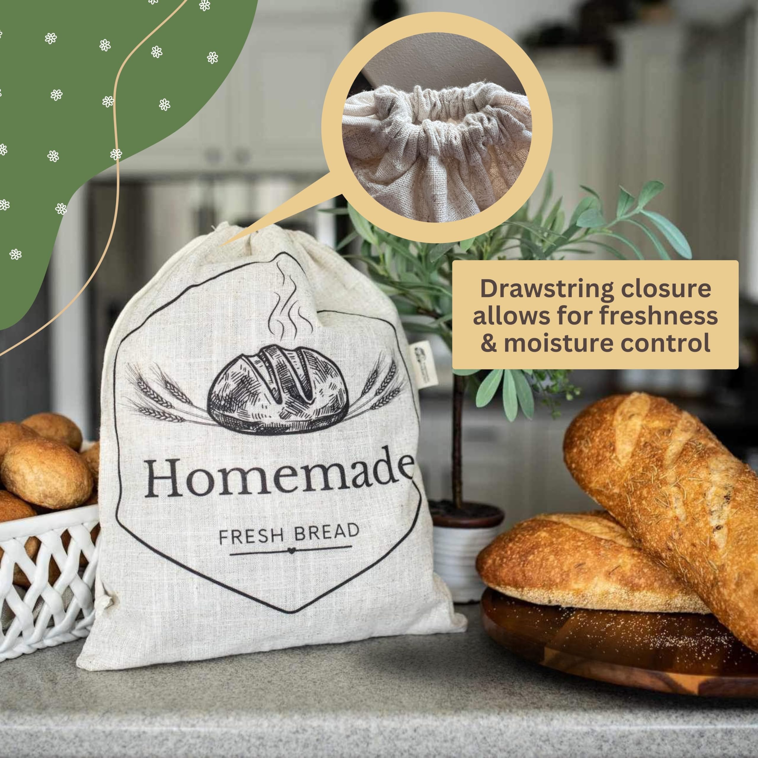 Bread Bags for Homemade Bread | 2 Pack XL Organic Linen Sourdough Bread Bags | Reusable Bread Bags | Homemade Bread Storage | Linen Bread Bag | Bread Storage For Homemade Bread