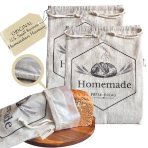 bread bags for homemade bread | 2 pack xl organic linen sourdough bread bags | reusable bread bags | homemade bread storage | linen bread bag | bread storage for homemade bread