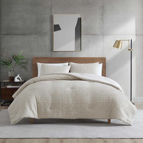 Kenneth Cole - Queen Duvet Cover Set, Soft Bedding with Matching Shams, Embossed Modern Home Decor (Serenity Wavy Lines Beige, Queen)