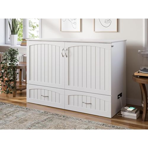 HomeStock Baroque Bonanza Murphy Bed Chest with 6 Inch Memory Foam Folding Mattress, Built-in Charging Station and Storage Drawer, Full, White