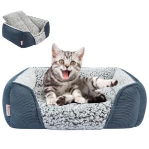 miguel washable cat beds for indoor cats with removable cushion, easy to wash small pet sofa bed with side, rectangle bolster kitten bed calming cuddle puppy bed with anti-slip bottom, blue 18 inch