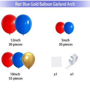 Red Blue Gold Balloon Garland Arch Kit - Royal Blue and Red Balloons Metallic Gold Balloons for Super Boys Hero Birthday Wedding Anniversary Engagement Graduation Party Decorations