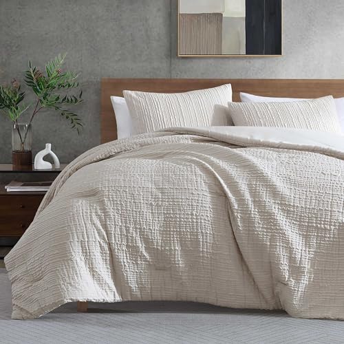 Kenneth Cole - Queen Duvet Cover Set, Soft Bedding with Matching Shams, Embossed Modern Home Decor (Serenity Wavy Lines Beige, Queen)