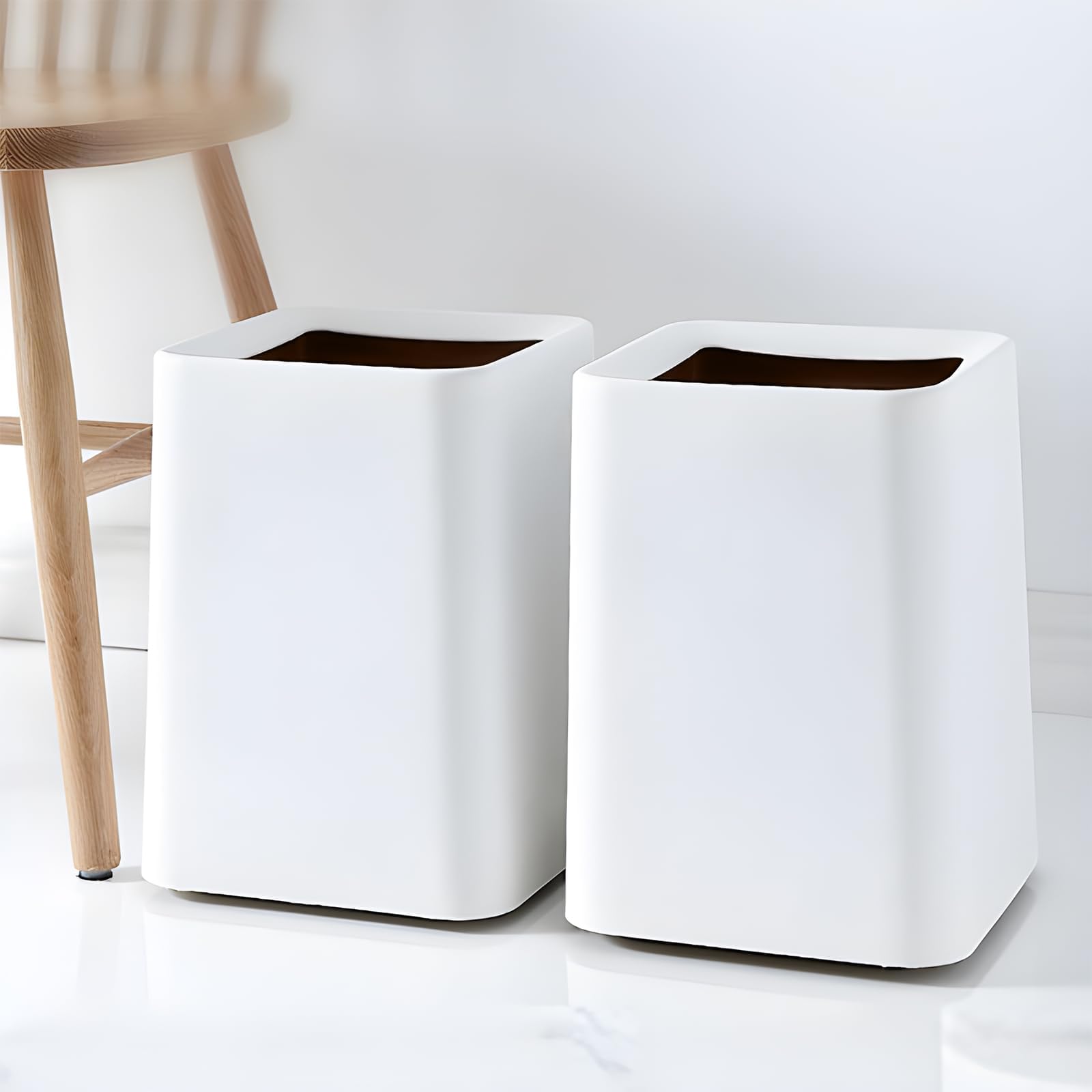 2 Pack Square Modern Trash Can Bedroom, 3Gal/12L Bathroom Trash Can Hidden Bag, Open Top Trash Can Square Plastic, Minimalist White Trash Can with Inner Bucket (with 2 Handles) for Kitchen Office