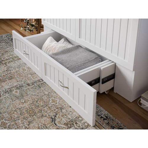 HomeStock Baroque Bonanza Murphy Bed Chest with 6 Inch Memory Foam Folding Mattress, Built-in Charging Station and Storage Drawer, Full, White