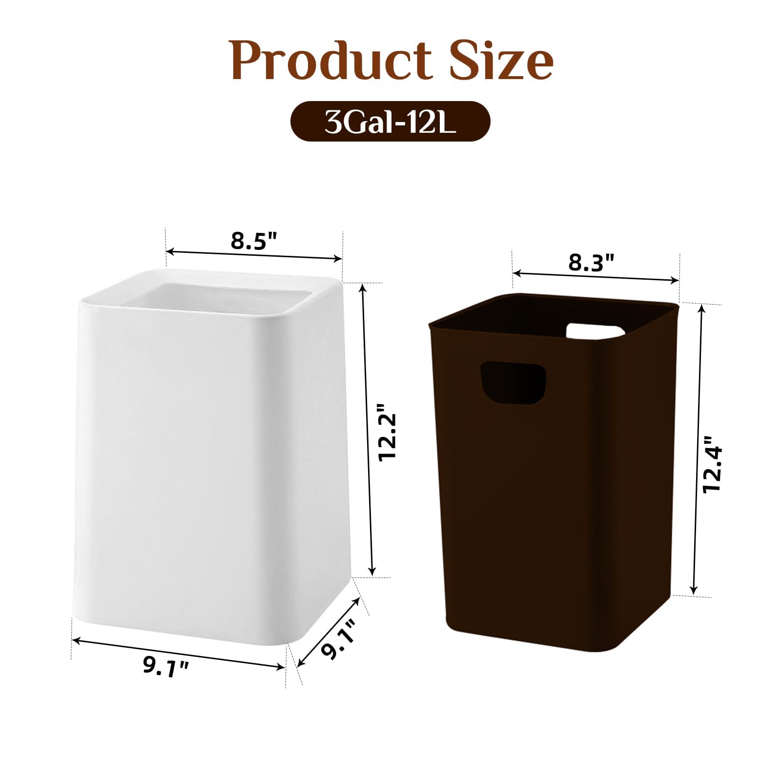 2 Pack Square Modern Trash Can Bedroom, 3Gal/12L Bathroom Trash Can Hidden Bag, Open Top Trash Can Square Plastic, Minimalist White Trash Can with Inner Bucket (with 2 Handles) for Kitchen Office