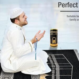 UUSOWARM Muslim Prayer Rug & Beads Set with Stylish Cylinder Gift Box Janamaz Sajadah Ultra-Soft Taffeta Prayer Mat Perfect Islamic Spiritual Gift for Ramadan Islamic Arabesque Pattern Black