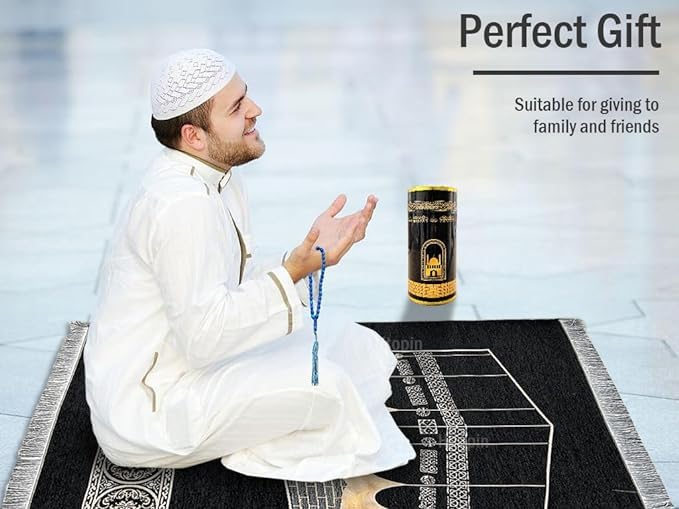 UUSOWARM Muslim Prayer Rug & Beads Set with Stylish Cylinder Gift Box Janamaz Sajadah Ultra-Soft Taffeta Prayer Mat Perfect Islamic Spiritual Gift for Ramadan Islamic Arabesque Pattern Black