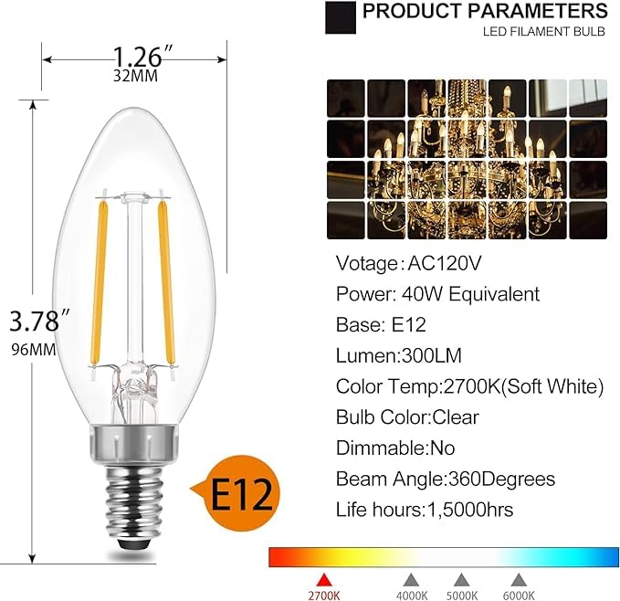 Energetic E12 B10 LED Classic Candelabra Clear Light Bulb, 40 Watt Equivalent, Soft White 2700K, Filament Clear Glass, Non-Dimmable, UL Listed, Pack of 24