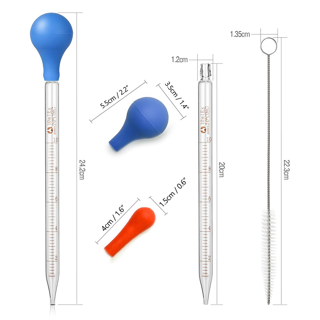 Glass Pipettes, ZEEROQOLAB 6pcs Glass Graduated Lab Pipettes 0.5ml,1ml,2ml,3ml,5ml,10ml, with 2pcs Glass Graduated Cylinder 5ml, 10ml, 2pcs Droppers Brush and 2pcs Glass Stir Sticks