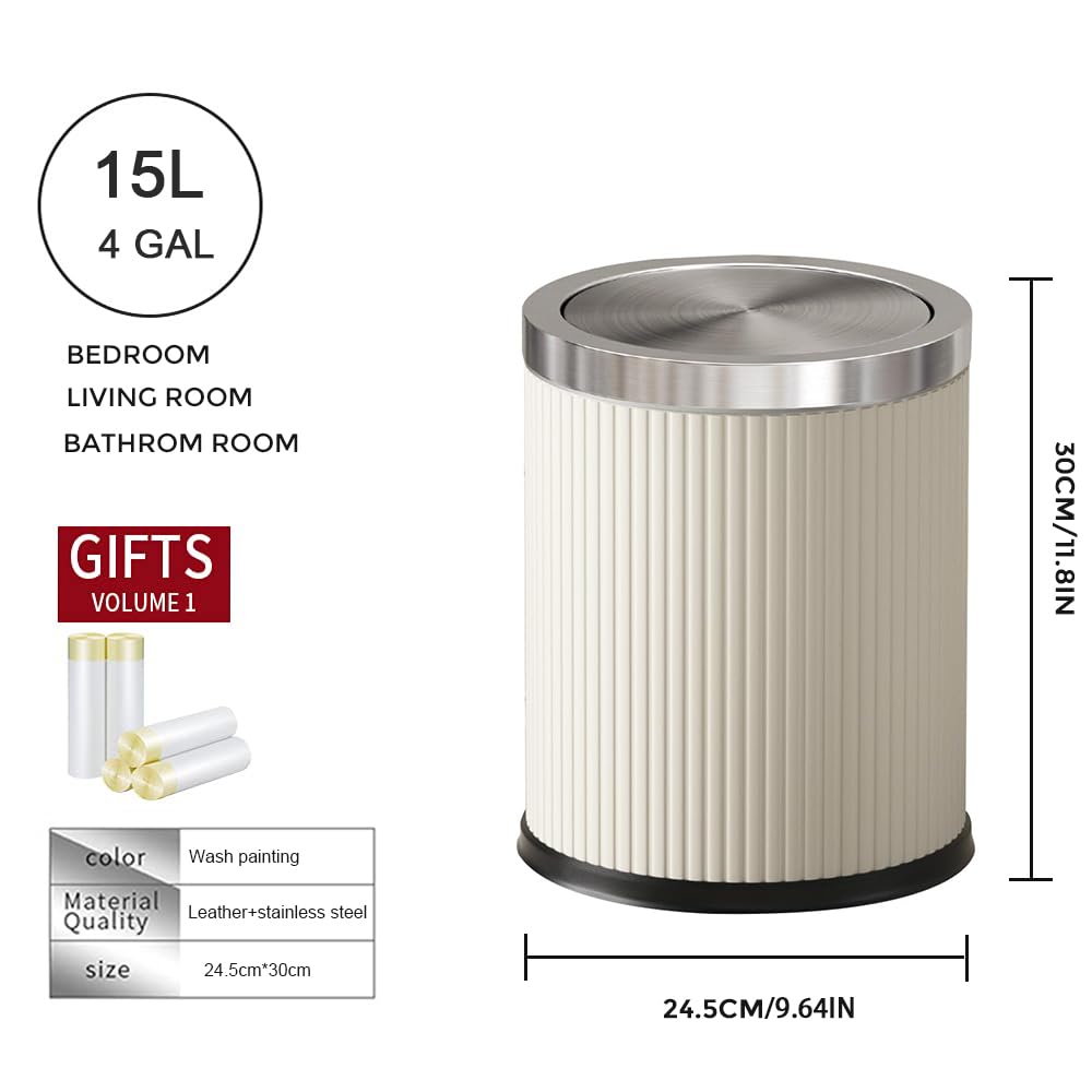 LEASYLIFE Bathroom Trash can with lid,White Trash can,flip top Trash can Bathroom,Garbage cans for Kitchen，Living Room,Bedroom(15L-White-Silver)