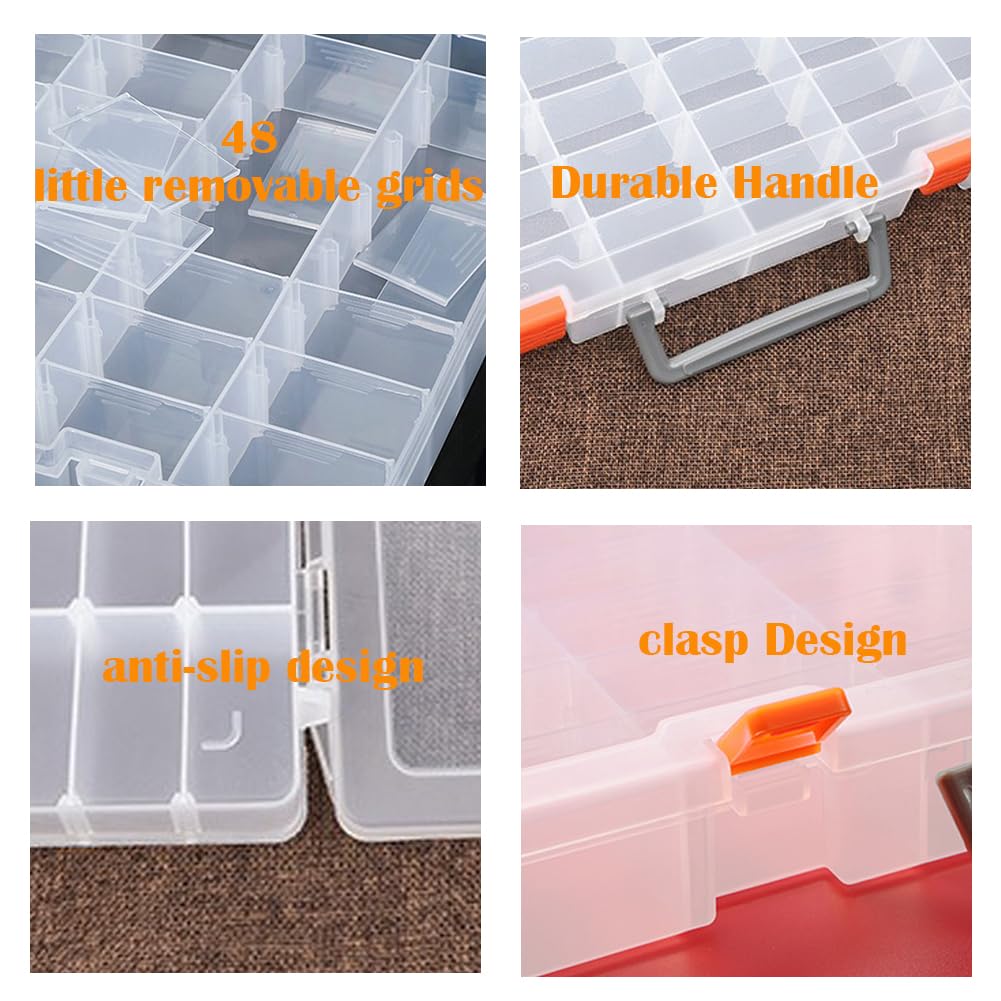 48 Grids Clear Plastic Organizer Box with Removable Dividers Jewelry Storage Box Adjustable Compartment Plastic Arts Crafts Box Large Bead Storage Container for Crafts Beads Jewelry Earrings (Clear)