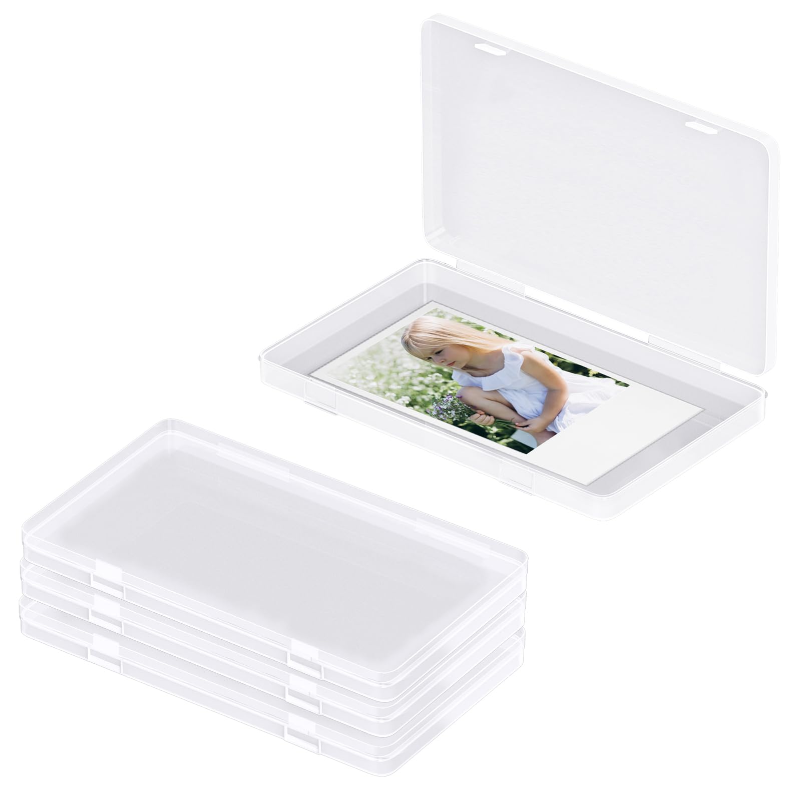 QZONELIFE 4pcs Clear Photo Storage Boxes Photo Organizer Cases with Lids Photo Keeper Picture Storage Containers Box for 4" x 6" Photo Picture Card Stamps Office Supplies