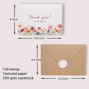 Liheheca Floral Thank You Cards with Kraft Envelopes, Wax Seal Stickers,Pack of 24,Vintage Flower Greeting Cards for Wedding,Bridal Shower,4x6 Inch