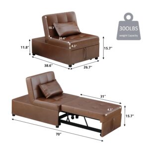 LEVNARY Convertible Chair Bed Sleeper, Pu Leather 4 in 1 Single Sofa Folding Chair Ottoman, Pull Out Small Couch Ottoman Bed for Home Living Room (Leather Brown)