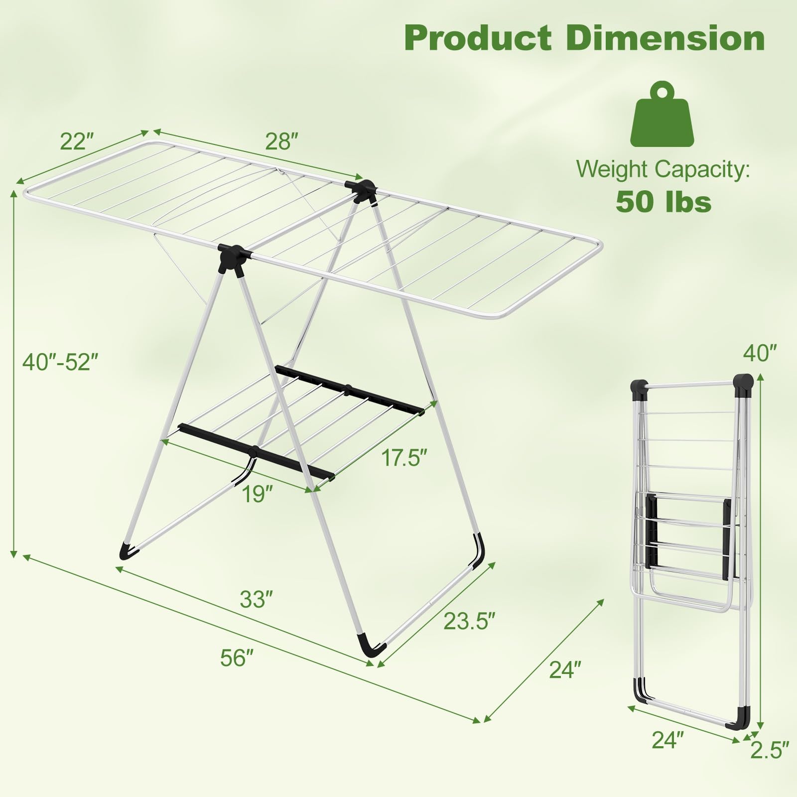 Giantex Clothes Drying Rack, 2-Layer Aluminum Foldable Laundry Drying Rack with 2-Level Adjustable Height, Anti-slip Foot Pad, Space Saving Freestanding Collapsible Laundry Drying Rack