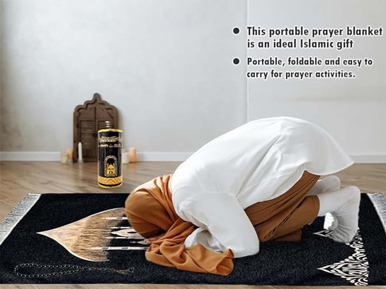 UUSOWARM Muslim Prayer Rug & Beads Set with Stylish Cylinder Gift Box Janamaz Sajadah Ultra-Soft Taffeta Prayer Mat Perfect Islamic Spiritual Gift for Ramadan Islamic Mosque Dome Pattern Black