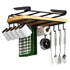 DAMLUX Mug Rack Under Cabinet, Mug Hanging Under Shelf, Stainless Steel Punch Free Mug Hooks Under Cabinet with Place Cutting Boards, Paper Towels, Cups, Towels, Utensil Hanger Kitchen Organizers