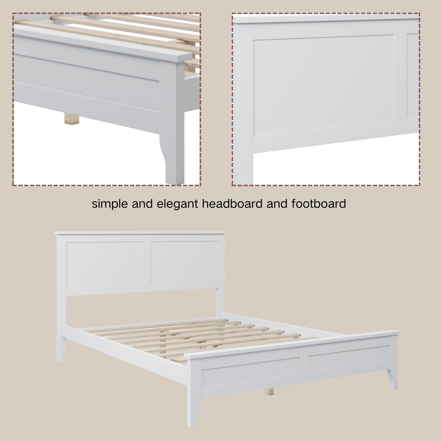 AOCOROE Solid Wood Full Bed Frame, Wooden Full Bed, Full Platform Bed with Headboard, Foot Board and Slats, No Box Spring Needed, White