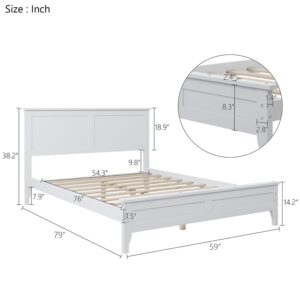 AOCOROE Solid Wood Full Bed Frame, Wooden Full Bed, Full Platform Bed with Headboard, Foot Board and Slats, No Box Spring Needed, White