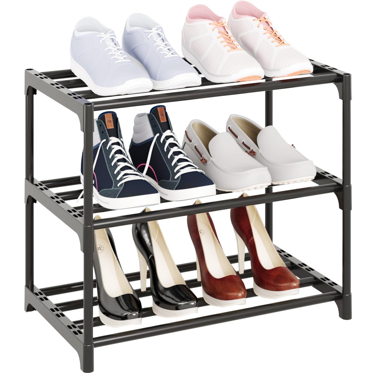 MUAHRCE 3-Tier Small Shoe Rack for Closet, Entryway, Stackble Sturdy Metal Shoe Shelf,Narrow Shoe Stand Organizer (Black,17.3" W×11.4" D×15" H)