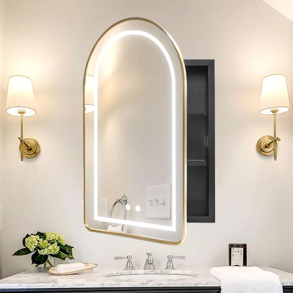 Mepplzian Lighted Arched Medicine Cabinet,Gold Medicine Cabinet Mirror,Recessed Medicine Cabinet with Mirror,Led Medicine Cabinet Mirror for Bathroom,Medicine Cabinet with Lights,Wall Mounted,20x31''