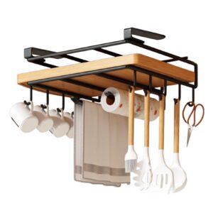 damlux mug rack under cabinet, mug hanging under shelf, stainless steel punch free mug hooks under cabinet with place cutting boards, paper towels, cups, towels, utensil hanger kitchen organizers