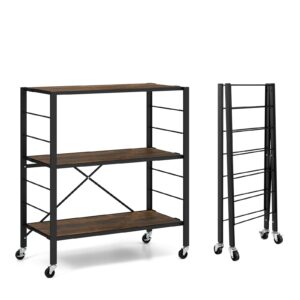 Giantex 3-Tier Folding Bookshelf with Wheels, Industrial Foldable Metal Shelves with Height-Adjustable Shelves, Freestanding Open Shelving Storage, No Assembly Bookcase Display Shelving Rack