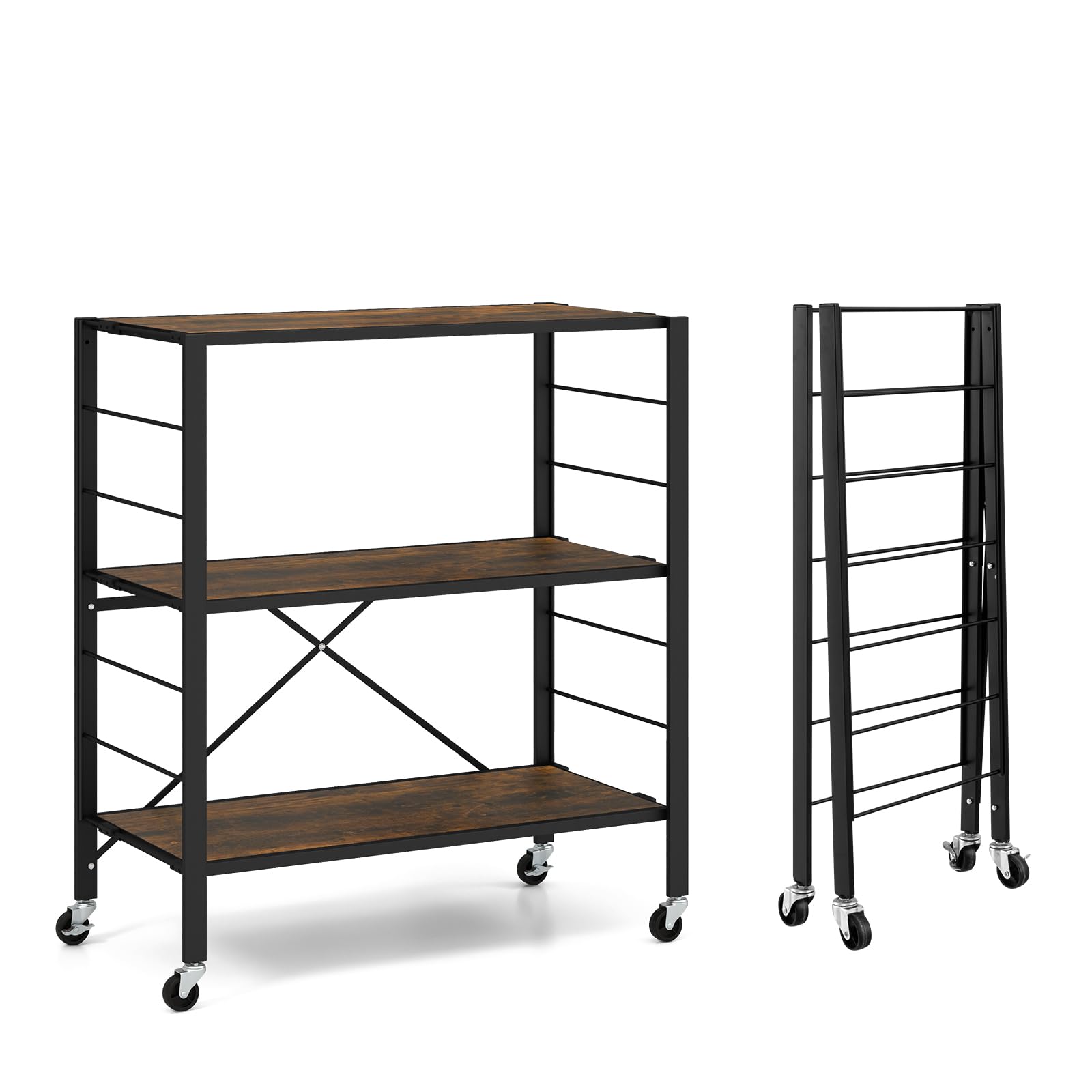 Giantex 3-Tier Folding Bookshelf with Wheels, Industrial Foldable Metal Shelves with Height-Adjustable Shelves, Freestanding Open Shelving Storage, No Assembly Bookcase Display Shelving Rack