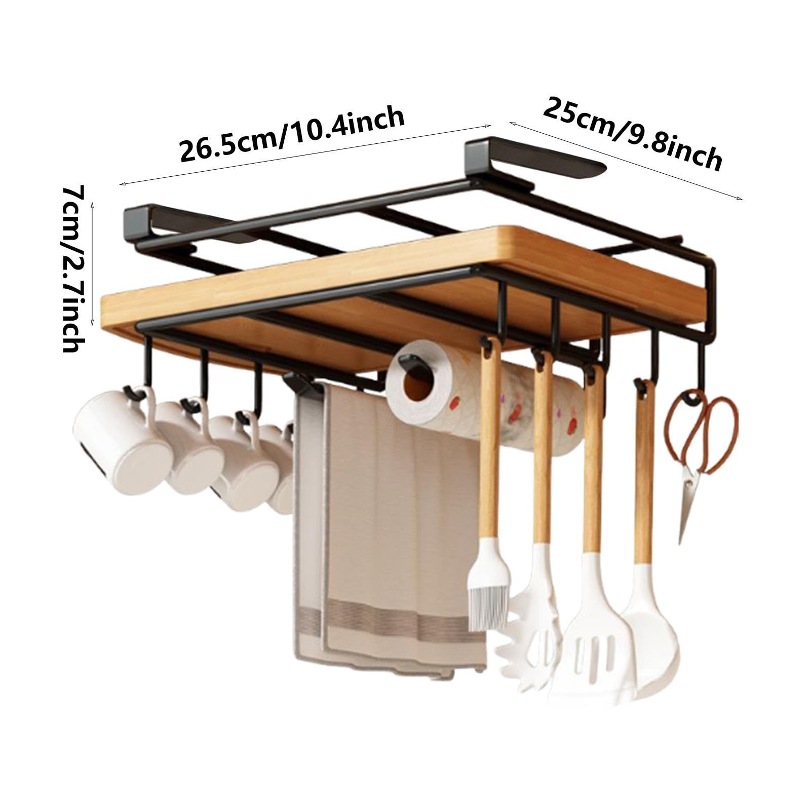 DAMLUX Mug Rack Under Cabinet, Mug Hanging Under Shelf, Stainless Steel Punch Free Mug Hooks Under Cabinet with Place Cutting Boards, Paper Towels, Cups, Towels, Utensil Hanger Kitchen Organizers