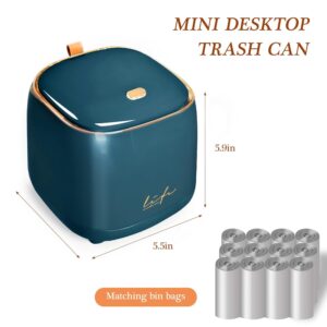 Mini Countertop Trash Can with 12 Rolls of Trash Bags, Desk Trash Can Tiny Trash Can with Press Type Lid, Desktop Trash Can Applicable for Bathroom Vanity Home Office (Trash can-kw-dark green)