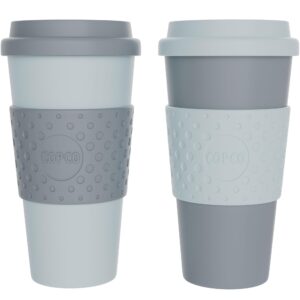 copco acadia 16oz travel mug with lid, set of 2 double wall insulated tumbler, non-slip sleeve and bpa-free - microwave & dishwasher safe, reusable plastic to go travel coffee mug (aqua/gray)