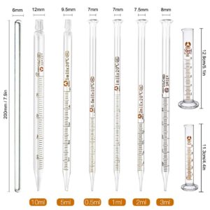 Glass Pipettes, ZEEROQOLAB 6pcs Glass Graduated Lab Pipettes 0.5ml,1ml,2ml,3ml,5ml,10ml, with 2pcs Glass Graduated Cylinder 5ml, 10ml, 2pcs Droppers Brush and 2pcs Glass Stir Sticks