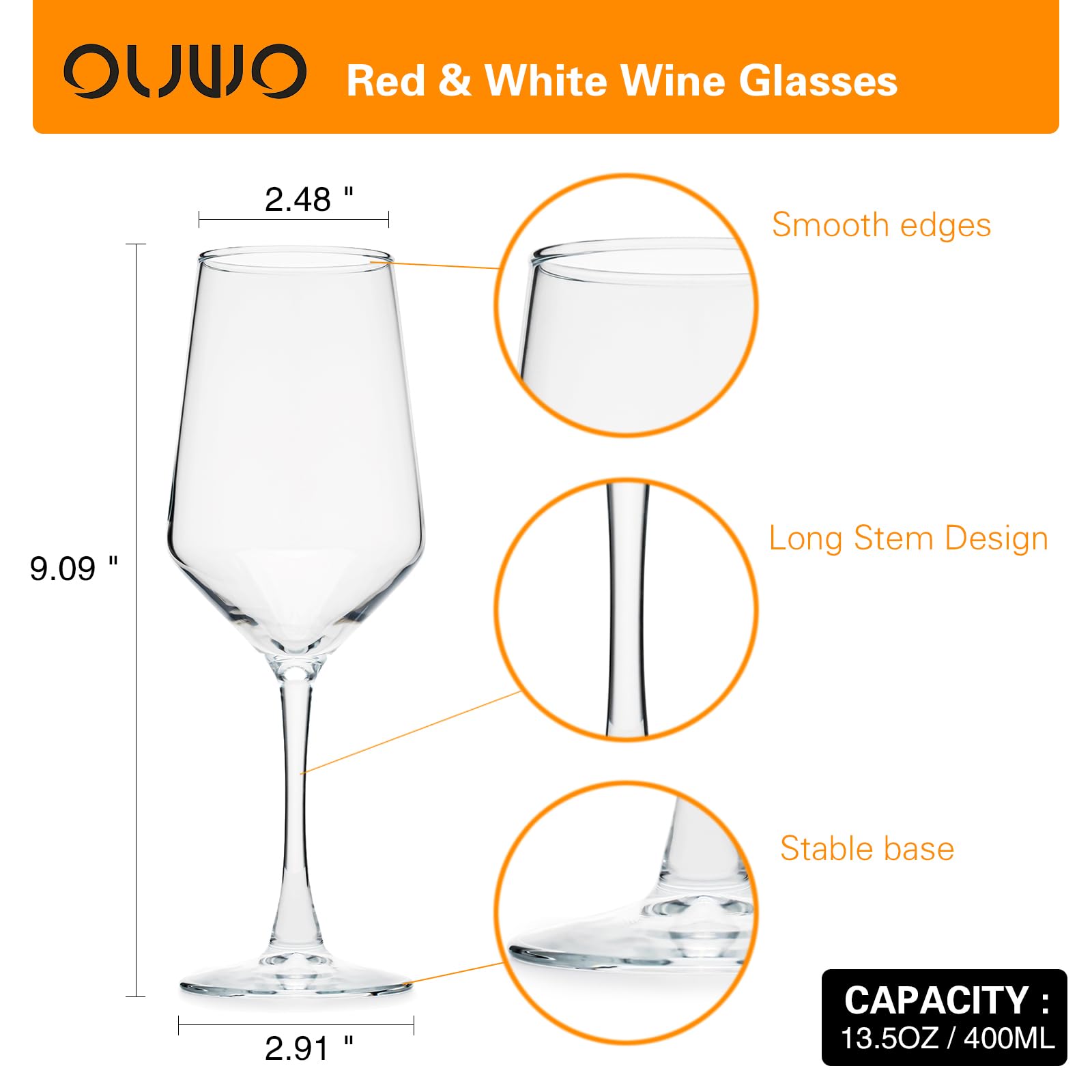 OUWO Wine Glasses Set of 4, 13.5oz Red & White Wine Glasses for Party, Long Stem Wine Glasses, Lead-free, Ideal Wine Accessories Gift (Clear)