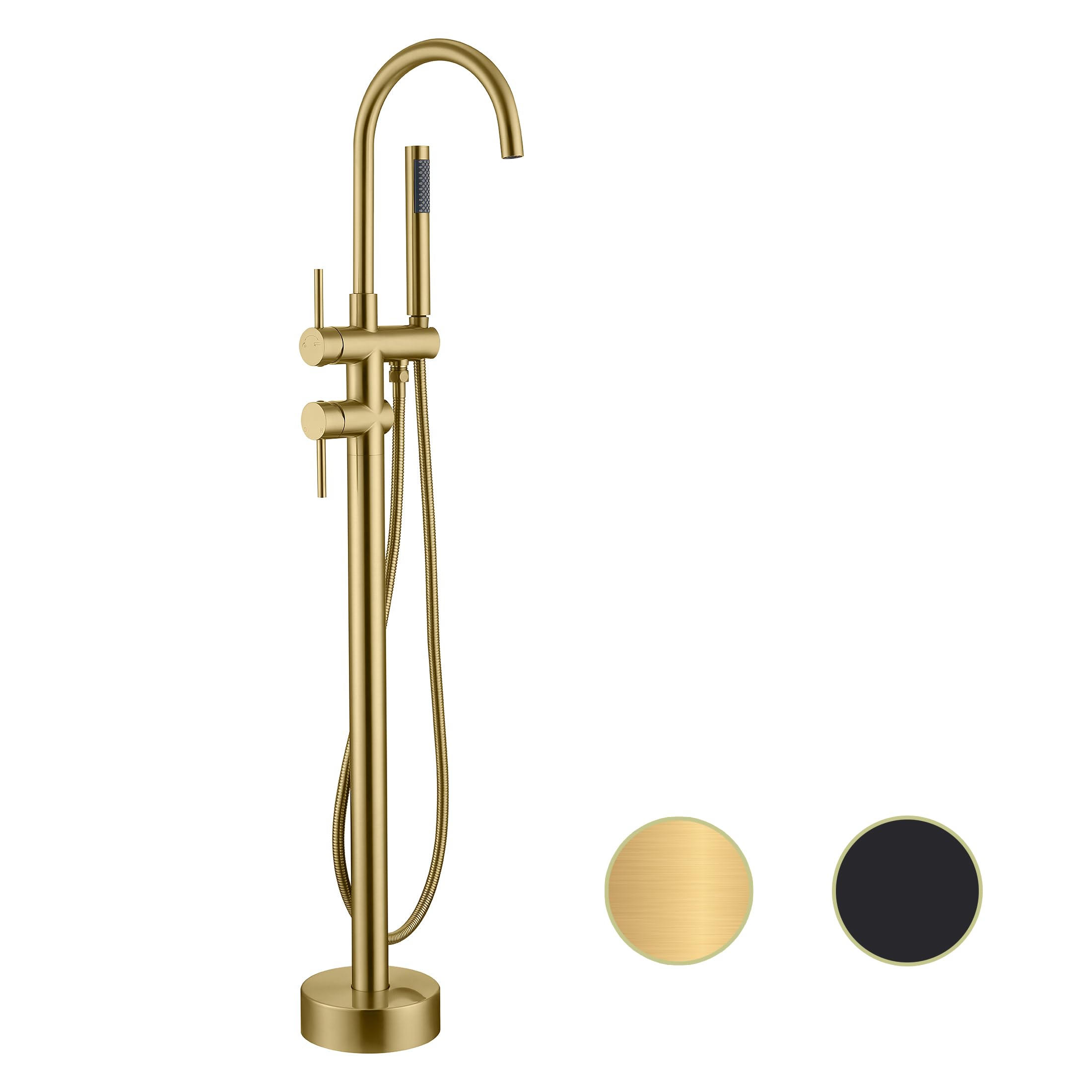 Freestanding Tub Faucet Floor Mount Tub Fillers Freestanding, Senhozi Brushed Gold Free Standing Tub Faucets, Mixer Tap Two Handle Gold Freestanding Bathtub Faucet with Hand Shower, SE-3001-BG