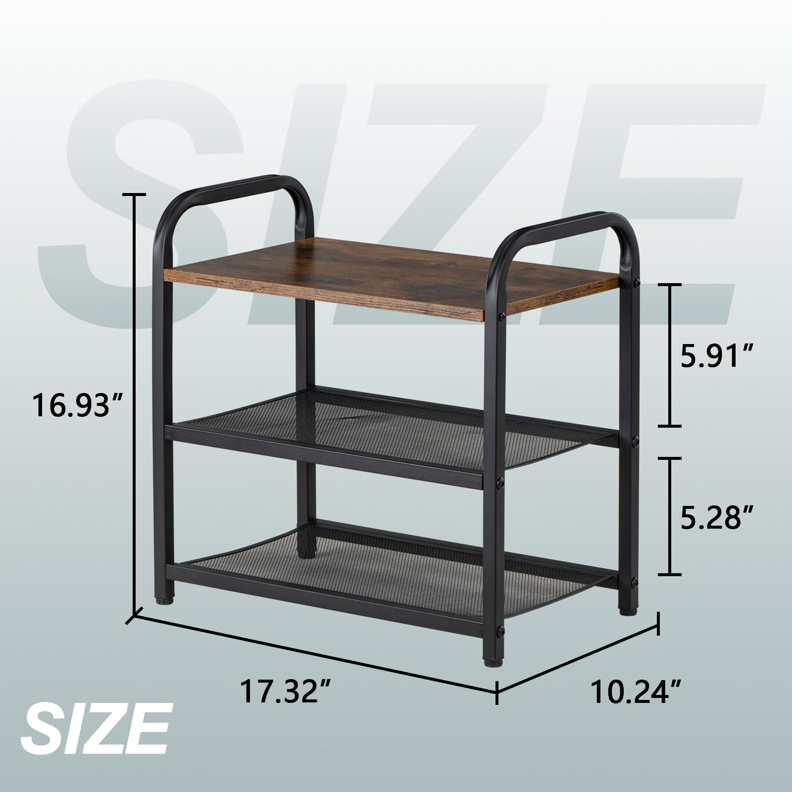 RUNJIMY 3-Tier Shoe Rack, with Heavy-Duty Metal Grid, Rustic Wooden Top, & Metal Guardrails - Transform Your Space with Style and Functionality Living Room, Kitchen, Bedroom, Garage, & Bathroom