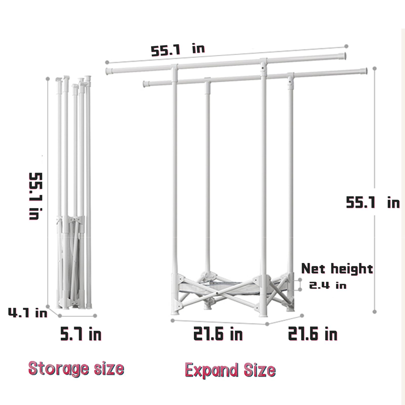 LQDMAER Clothes Drying Rack, Portable Laundry Dryer Rack with Bottom Mesh Pocket, Double Rod Drying Rack Clothing, Portable Collapsible Drying Rack Clothing Indoor Outdoor