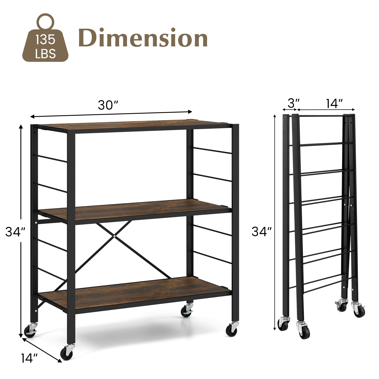 Giantex 3-Tier Folding Bookshelf with Wheels, Industrial Foldable Metal Shelves with Height-Adjustable Shelves, Freestanding Open Shelving Storage, No Assembly Bookcase Display Shelving Rack