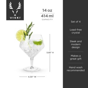 Viski Angled Stemmed, Highball, Cocktail, Vodka Tonic Glasses for Gin Lovers Gift set of 4 14oz, Clear