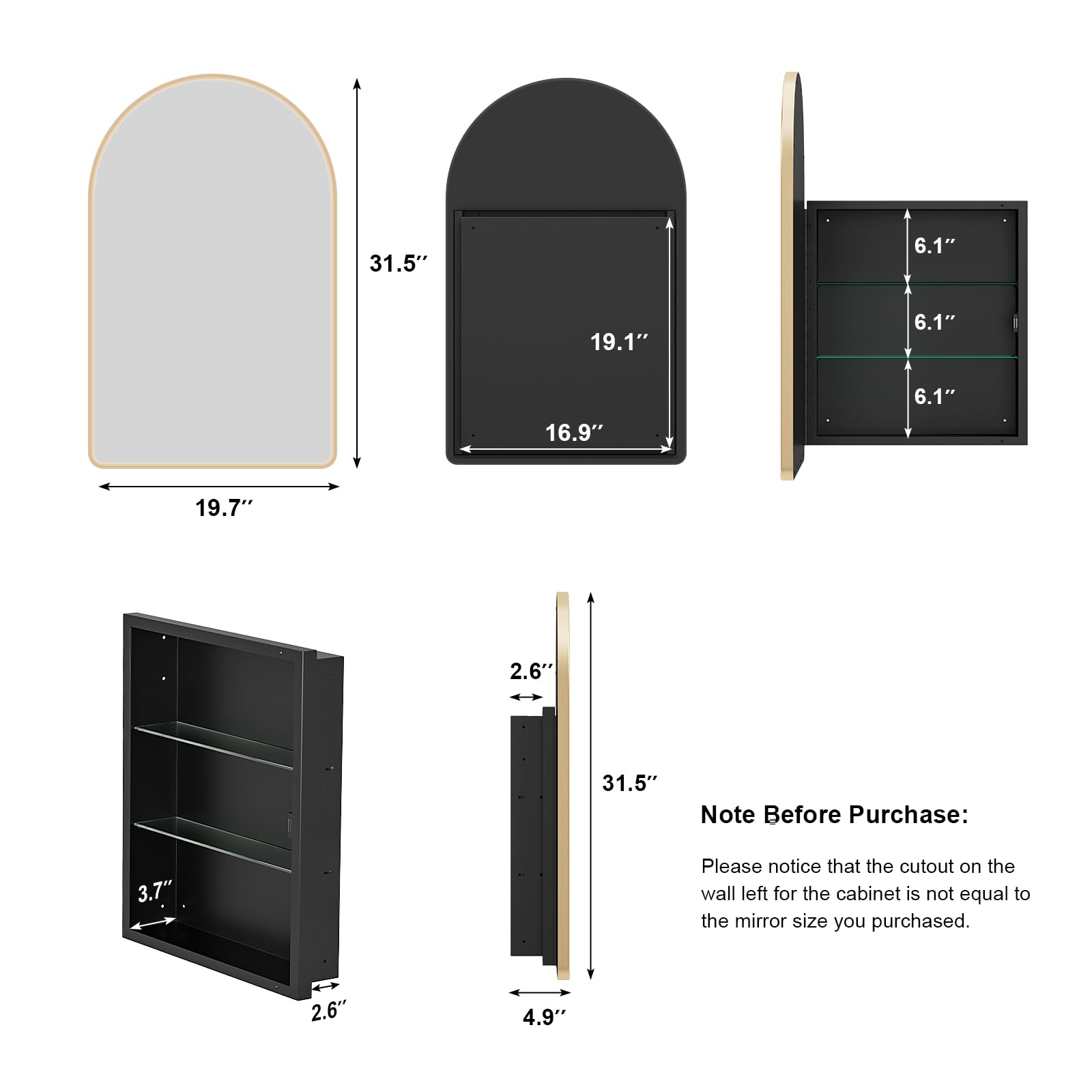 Arched Medicine Cabinet, Recessed Medicine Cabinet with Mirror,Oil Rubbed Gold Bathroom Medicine Cabinet Mirror,Metal Framed Arch Medicine Cabinet Surface Mount,20x31Inch